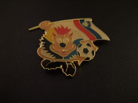Europees kampioenschap voetbal ( UEFA Euro 2000) België en Nederland mascotte met vlag van Slovenië